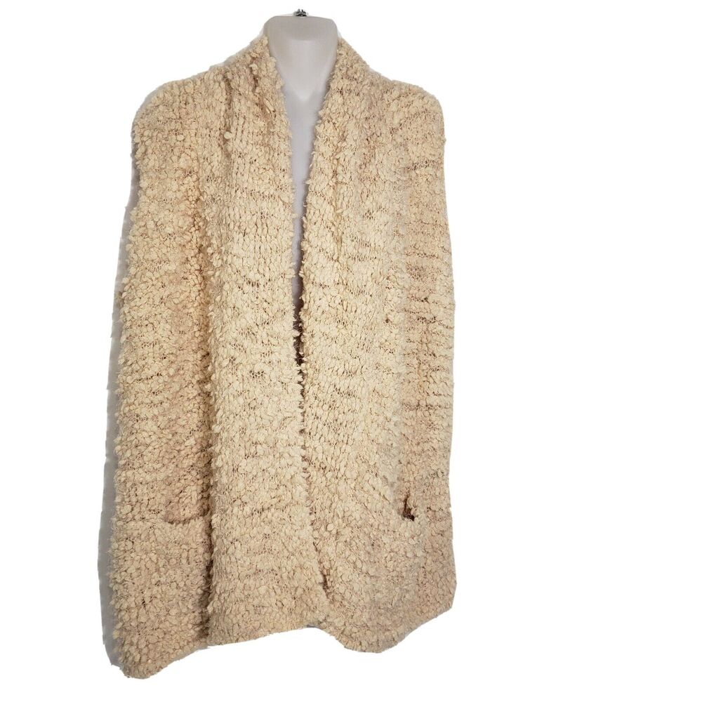 Olivia Sky Womens Vest Size Medium Beige Sleeveless Open Front Pockets Shaggy